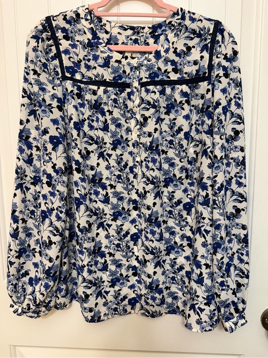 Talbots Tops - Talbots Blue and Cream Lace Embroidered Trim Floral Blouse Sz Large